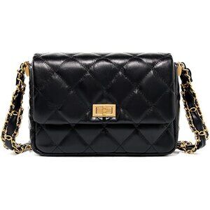 Black Quilted Crossbody Bag with Chain Strap and Buckle Closure - Women's Fashio